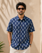 Blue Floral Print Men's Cotton Shirt