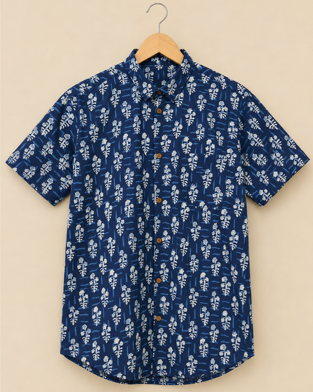 Blue Floral Print Men's Cotton Shirt