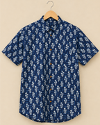 Blue Floral Print Men's Cotton Shirt