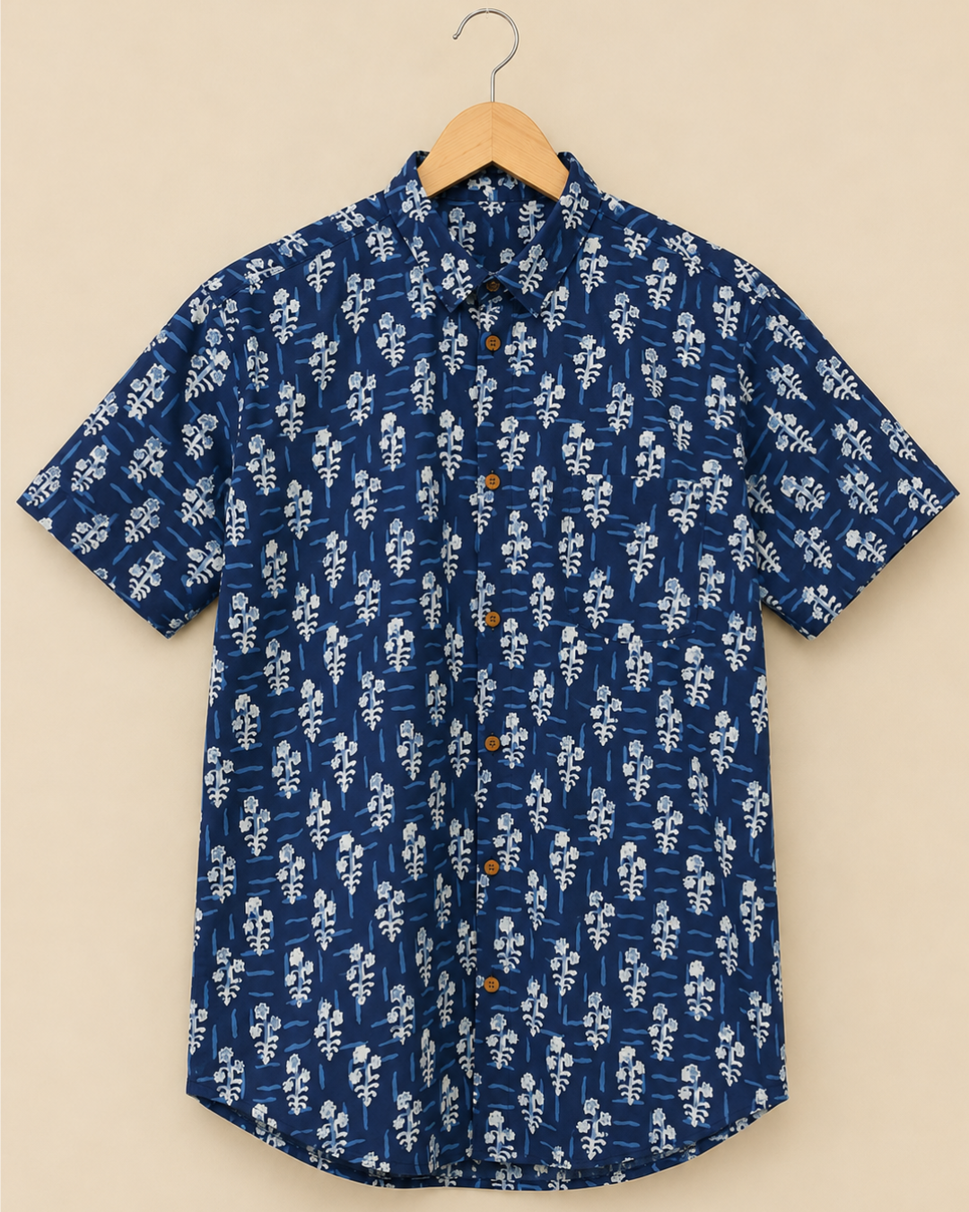 Blue Floral Print Men's Cotton Shirt