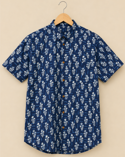 Blue Floral Print Men's Cotton Shirt