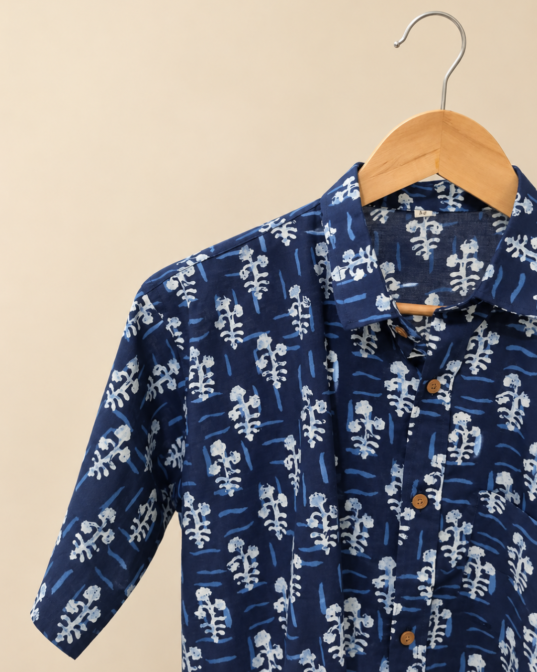 Blue Floral Print Men's Cotton Shirt