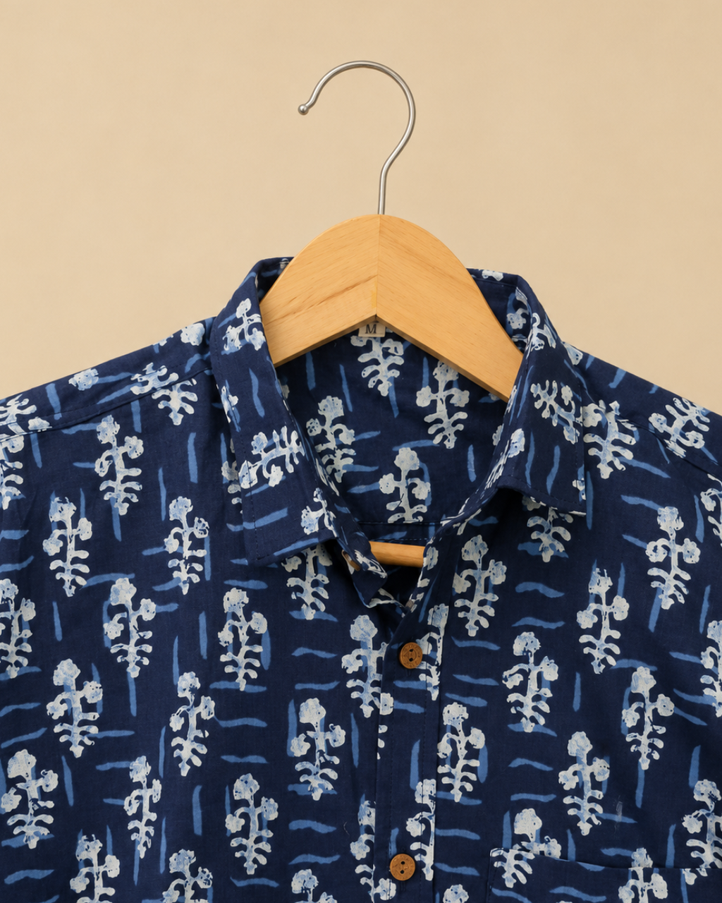 Blue Floral Print Men's Cotton Shirt