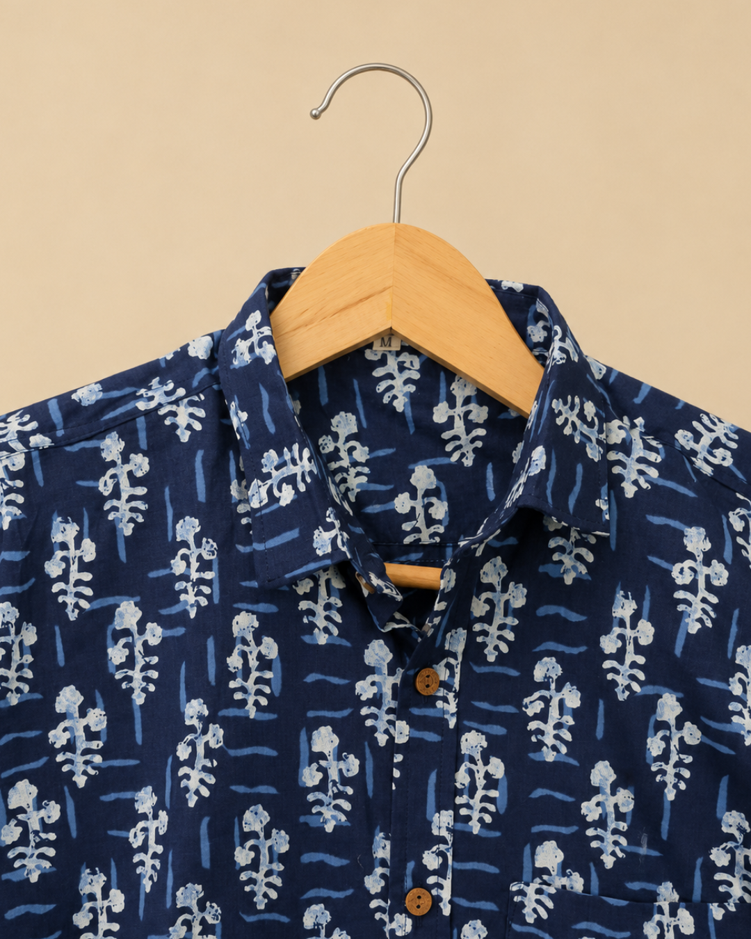 Blue Floral Print Men's Cotton Shirt