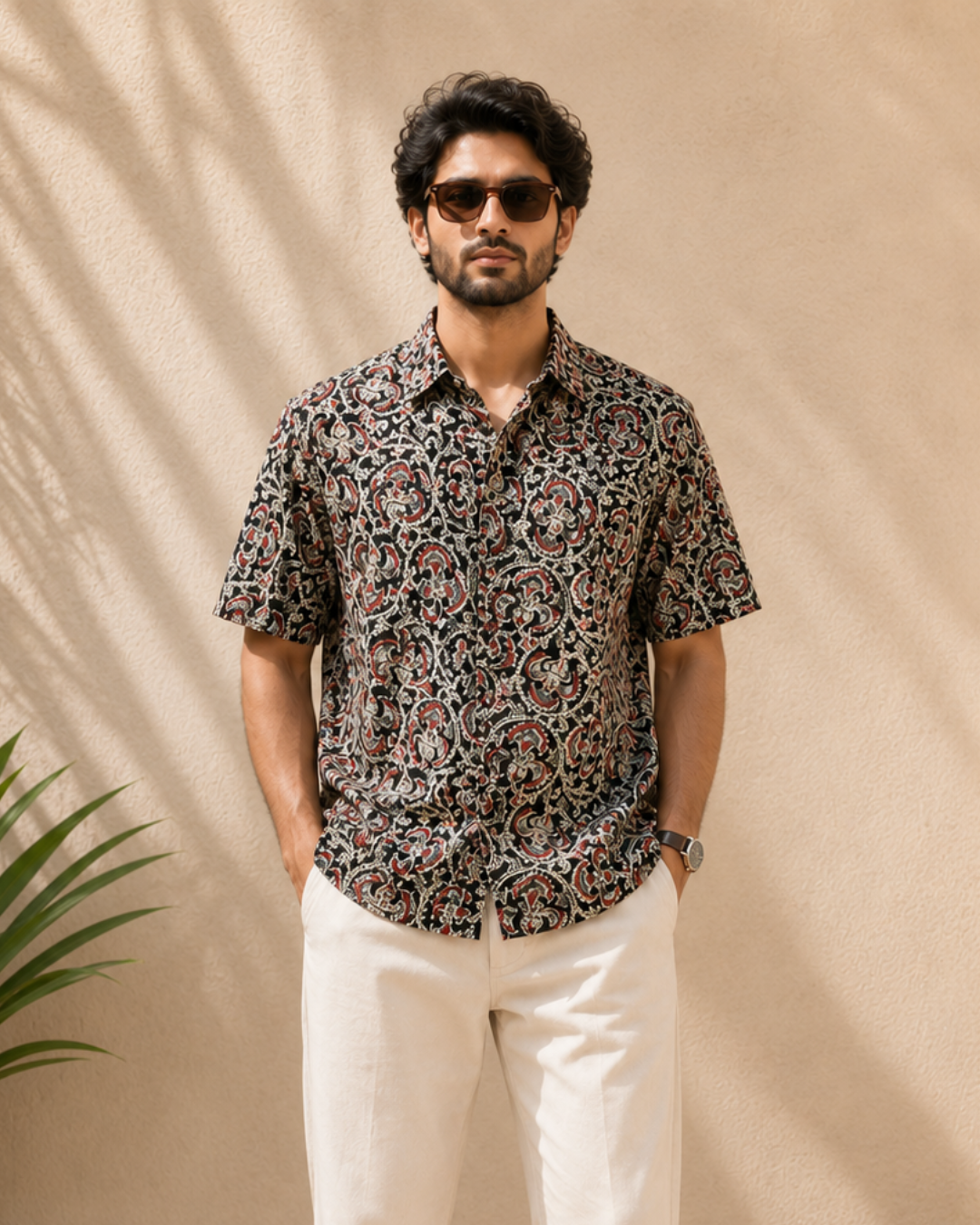 Black Kalamkari Print Men's Cotton Shirt