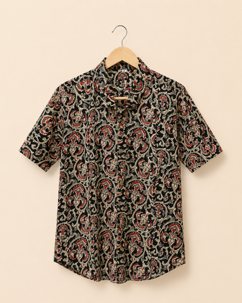 Black Kalamkari Print Men's Cotton Shirt