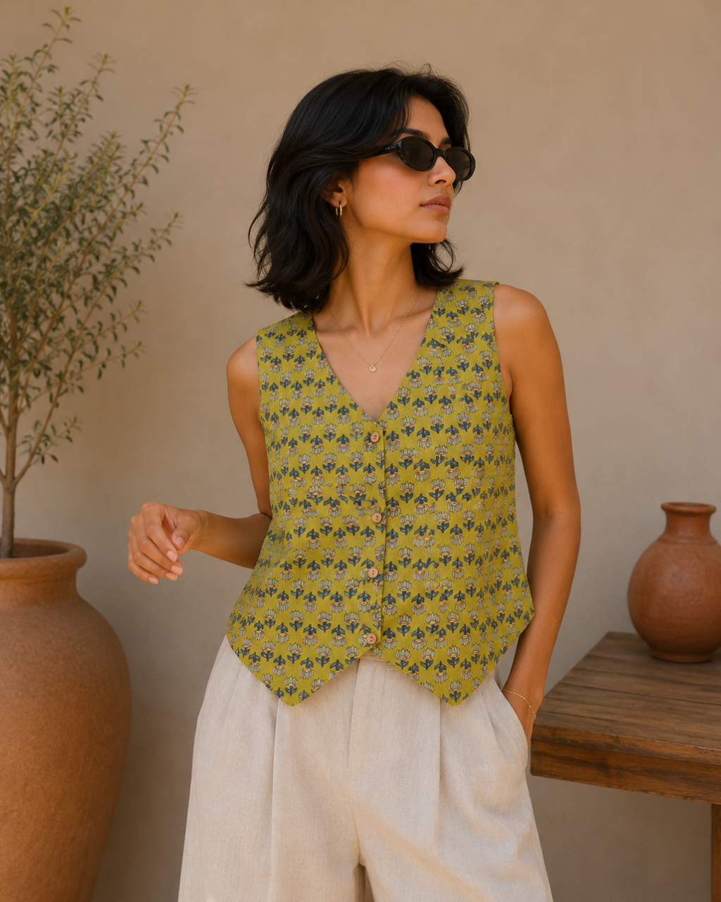 Mehandi Green Cotton Waistcoat