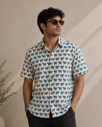 Elephant Print White-Blue Men's Cotton Shirt