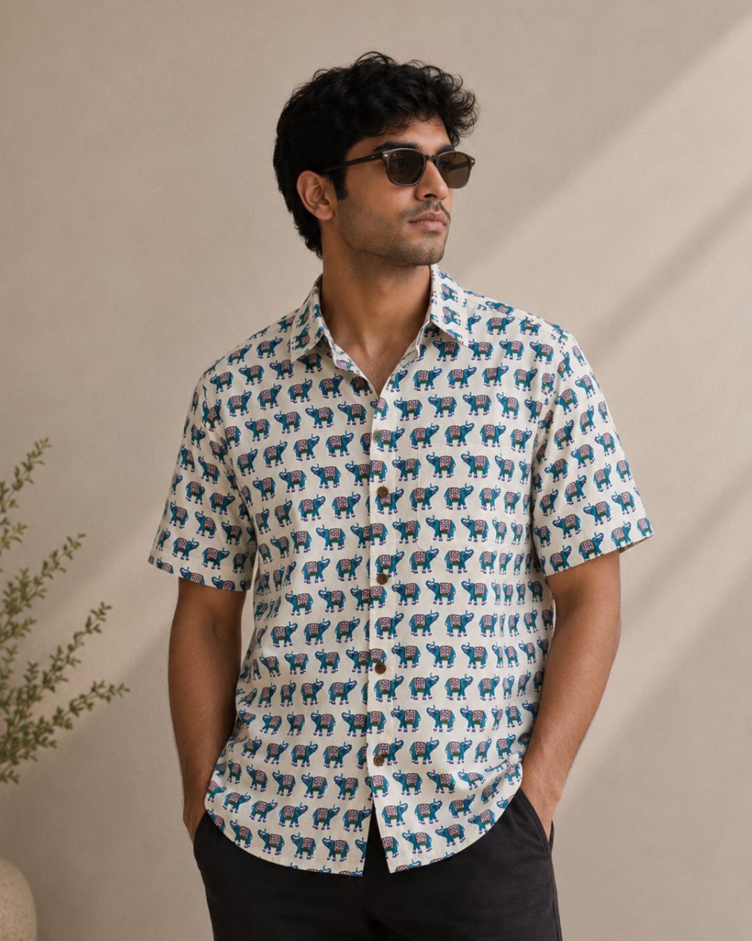 Elephant Print White-Blue Men's Cotton Shirt