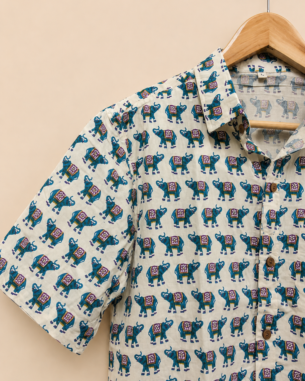 Elephant Print White-Blue Men's Cotton Shirt