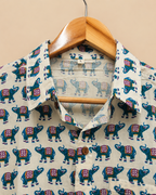 Elephant Print White-Blue Men's Cotton Shirt