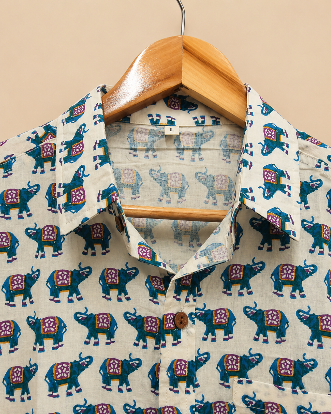Elephant Print White-Blue Men's Cotton Shirt