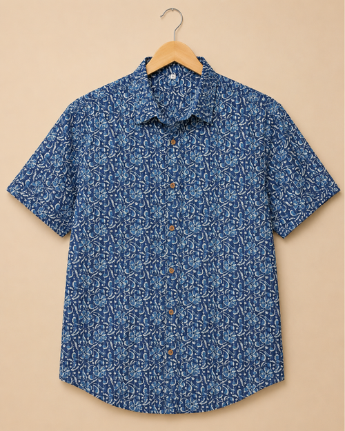 Abstract Indigo Print Men's Cotton Shirt
