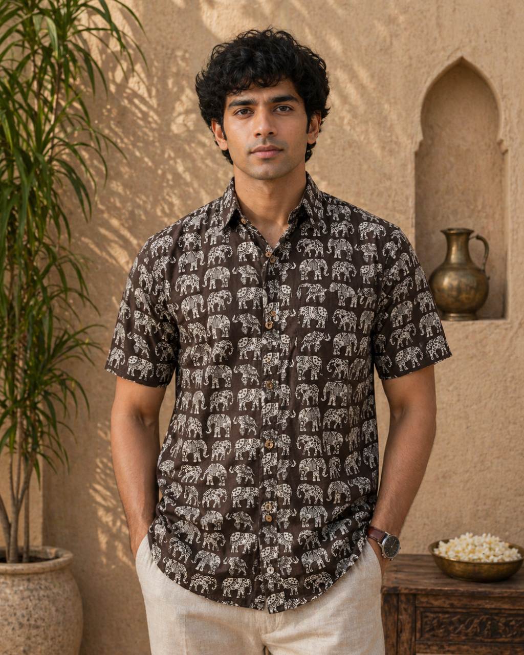 Cocoa Brown Elephant Print Cotton Shirt