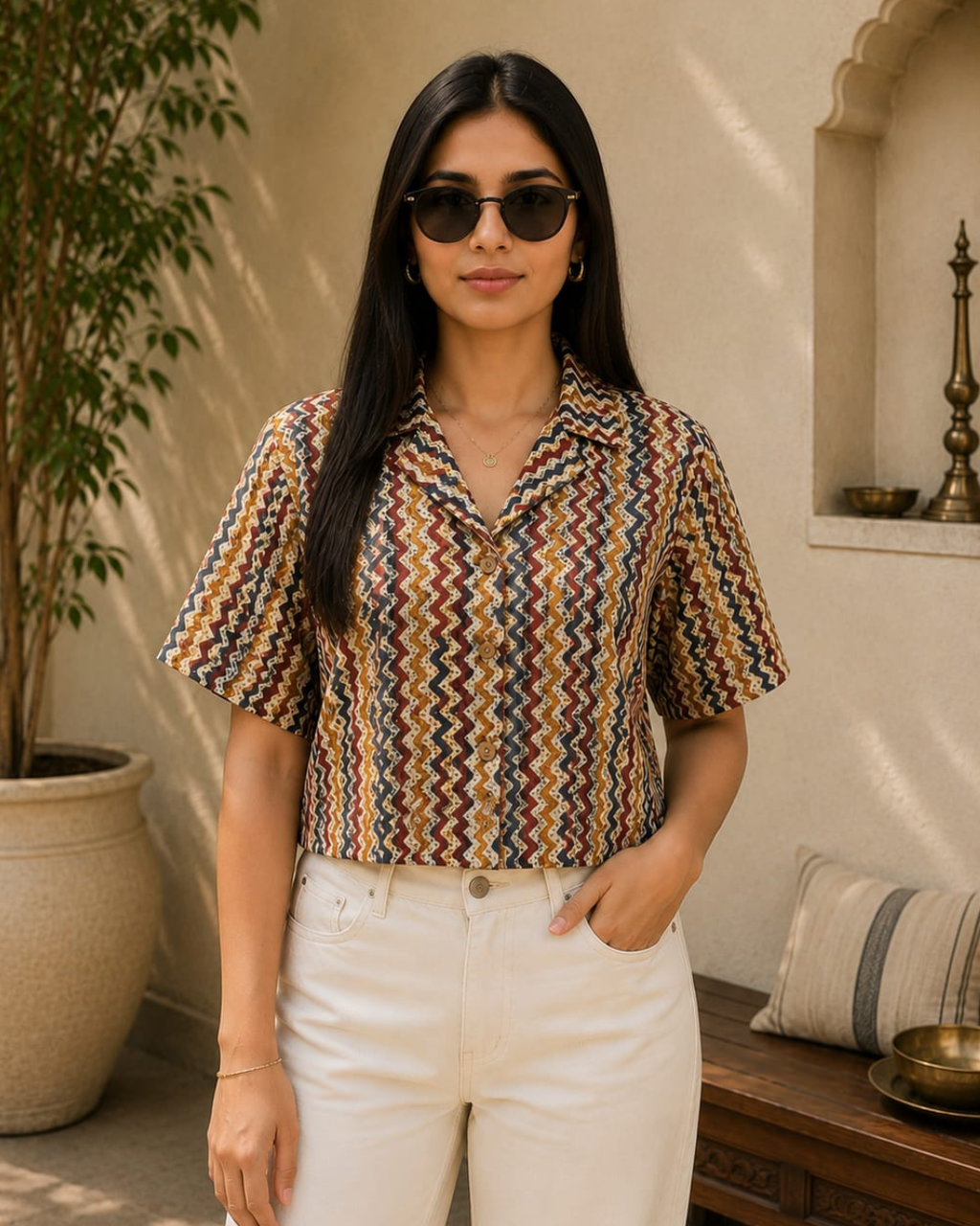 Red Chevron Print Women's Crop Shirt