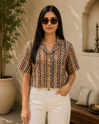 Red Chevron Print Women's Crop Shirt
