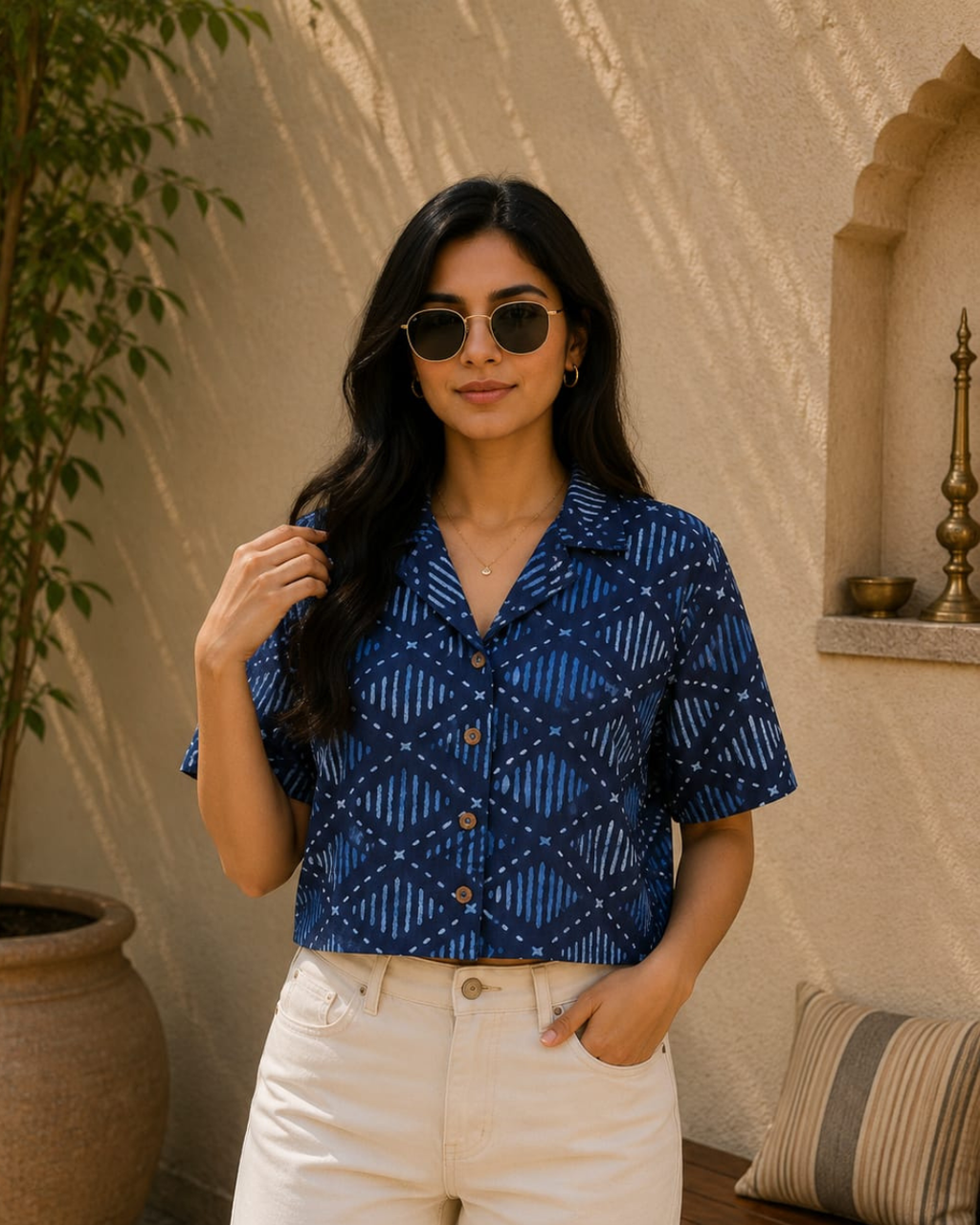 Indigo Printed Women's Crop Shirt