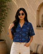 Indigo Printed Women's Crop Shirt