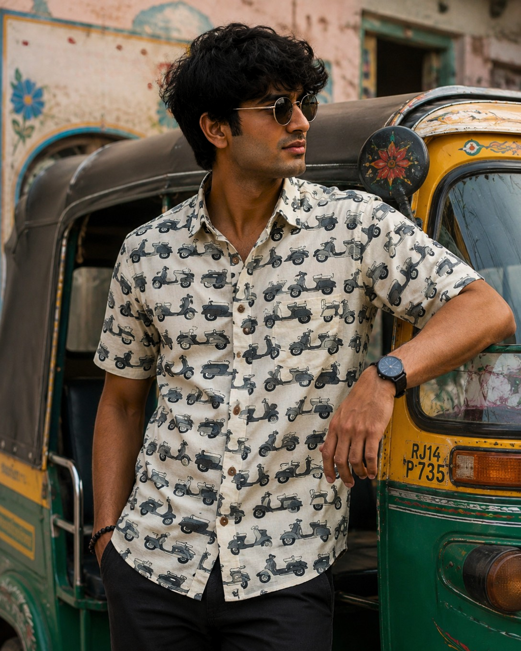 Monochrome Scooter Printed Cotton Shirt