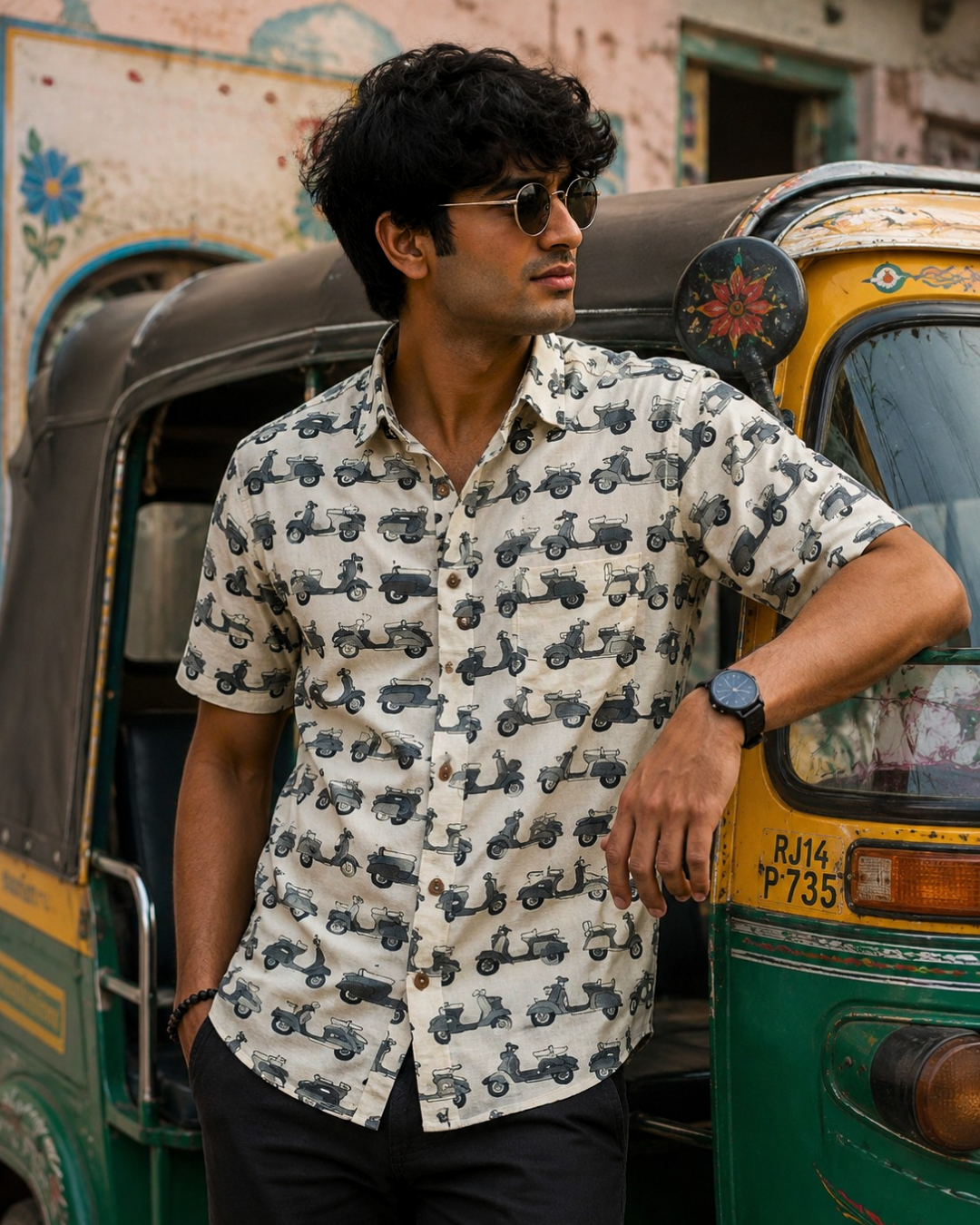 Monochrome Scooter Printed Cotton Shirt