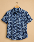 Blue Geometric Print Men's Cotton Shirt