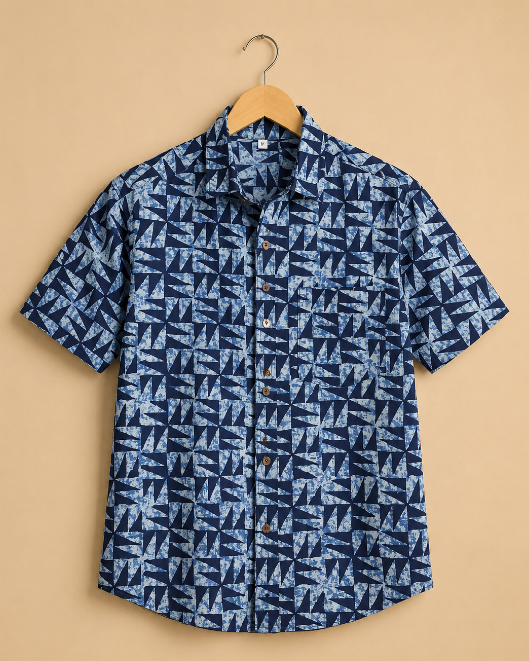 Blue Geometric Print Men's Cotton Shirt