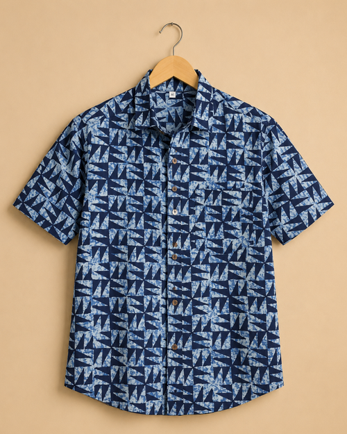 Blue Geometric Print Men's Cotton Shirt