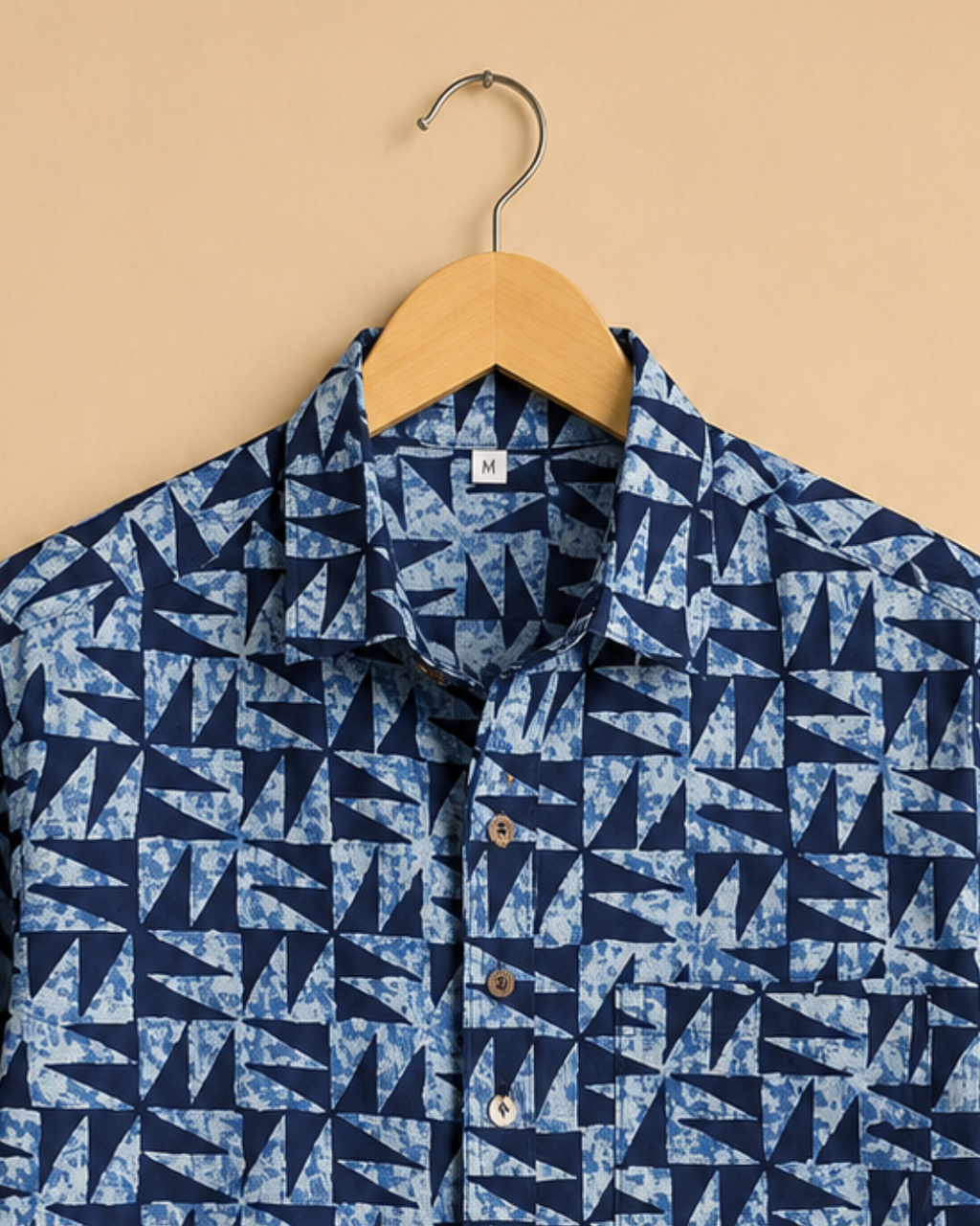Blue Geometric Print Men's Cotton Shirt
