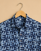 Blue Geometric Print Men's Cotton Shirt