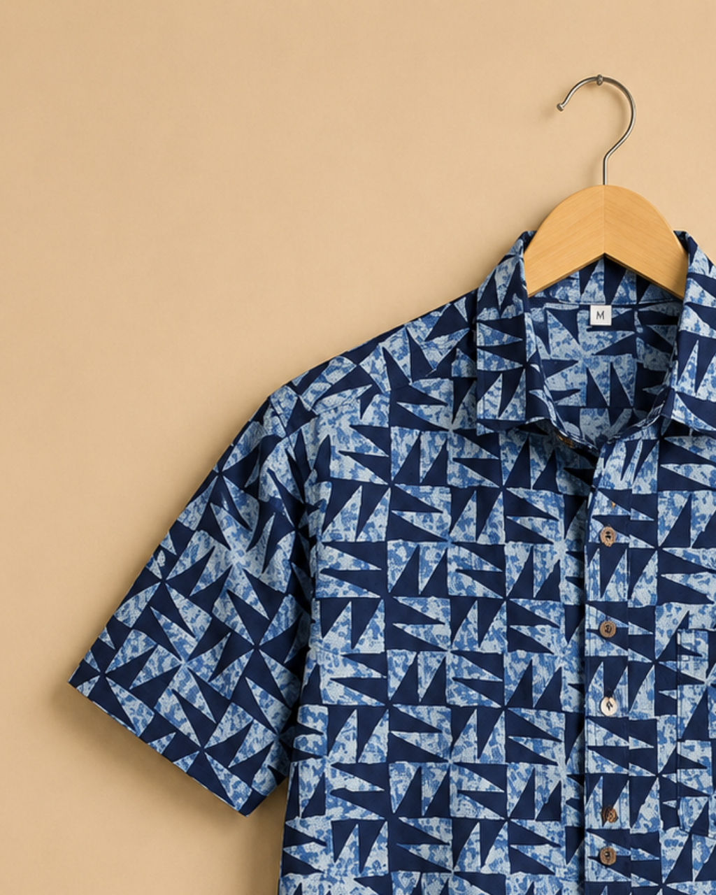 Blue Geometric Print Men's Cotton Shirt