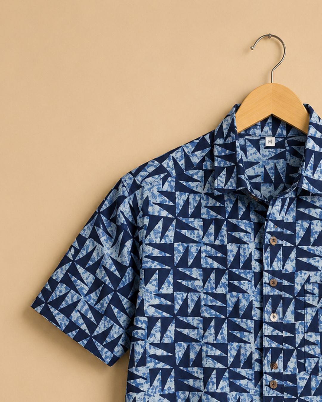 Blue Geometric Print Men's Cotton Shirt