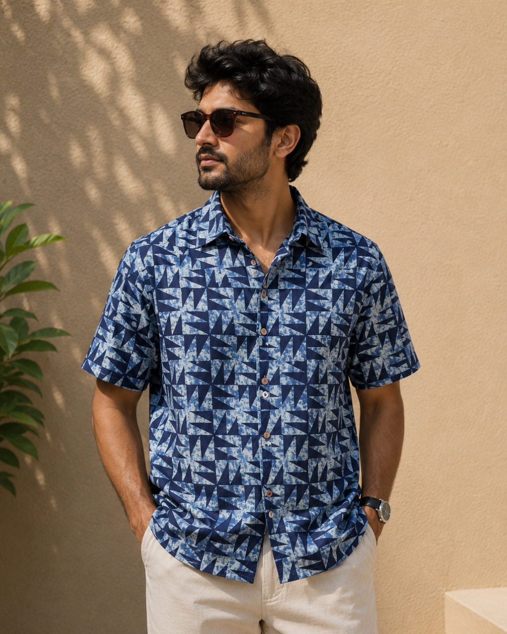 Blue Geometric Print Men's Cotton Shirt