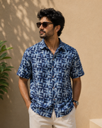 Blue Geometric Print Men's Cotton Shirt