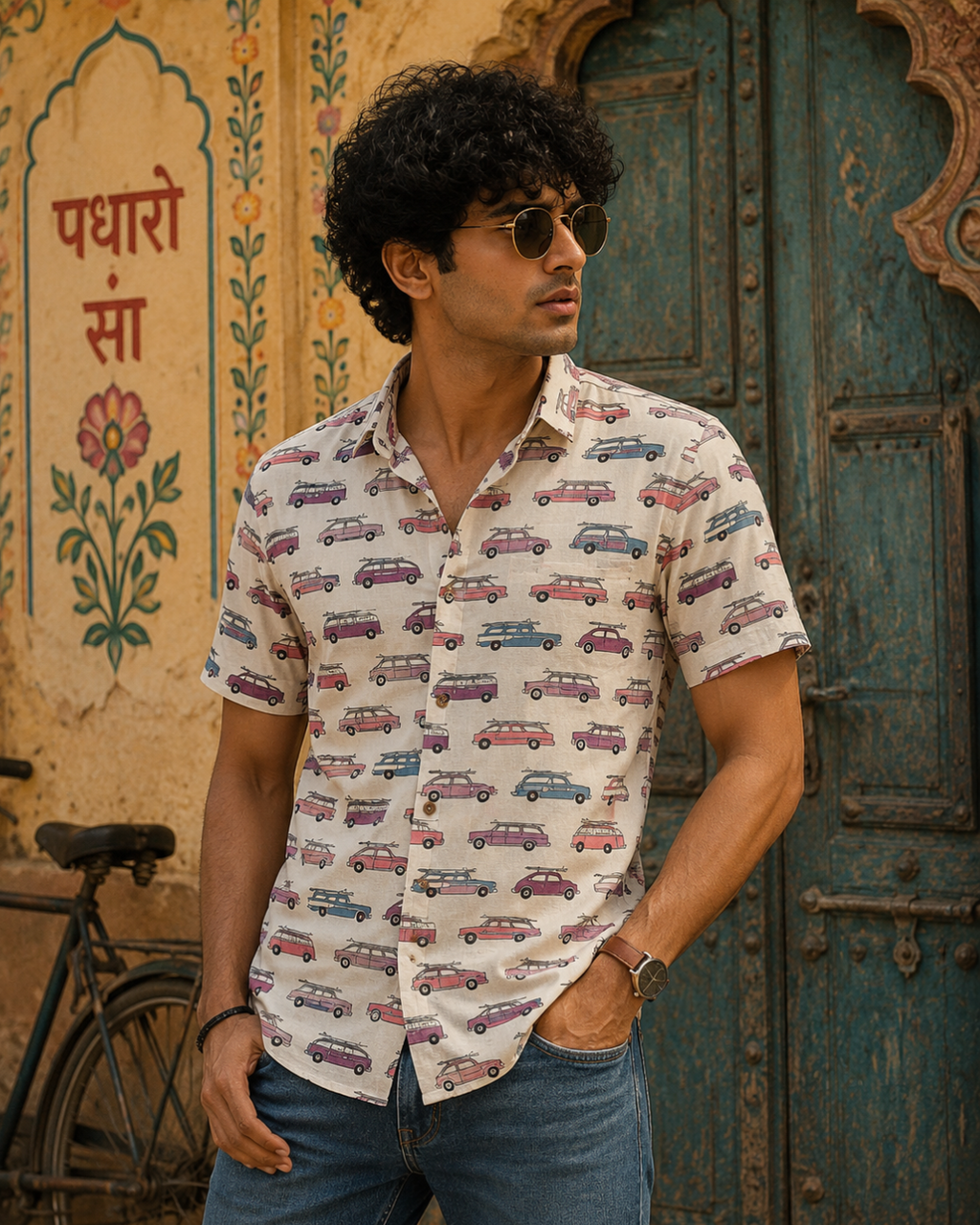 Colorful Vintage Car Pattern Cotton Shirt