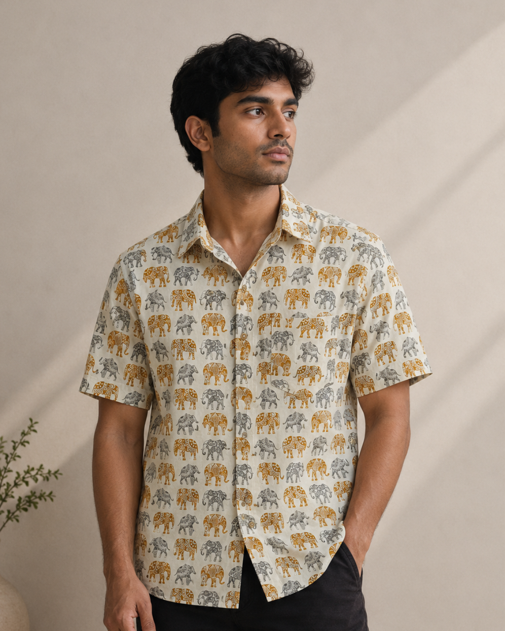 Mustard & Grey Elephant Print Cotton Shirt
