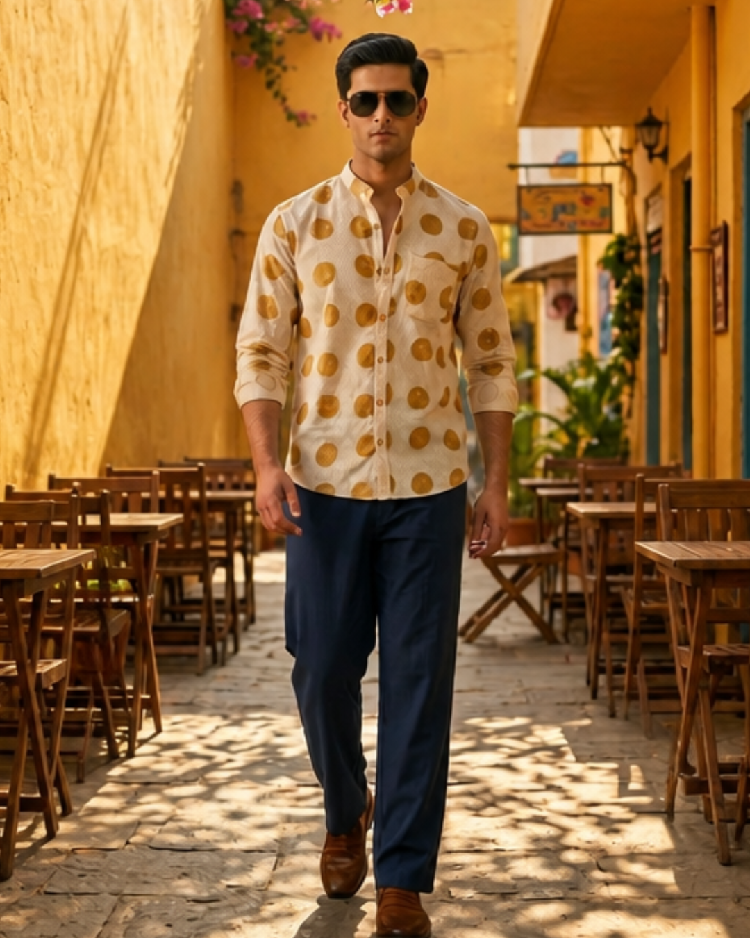 Mustard Mandarin Collar Full Sleeve Shirt