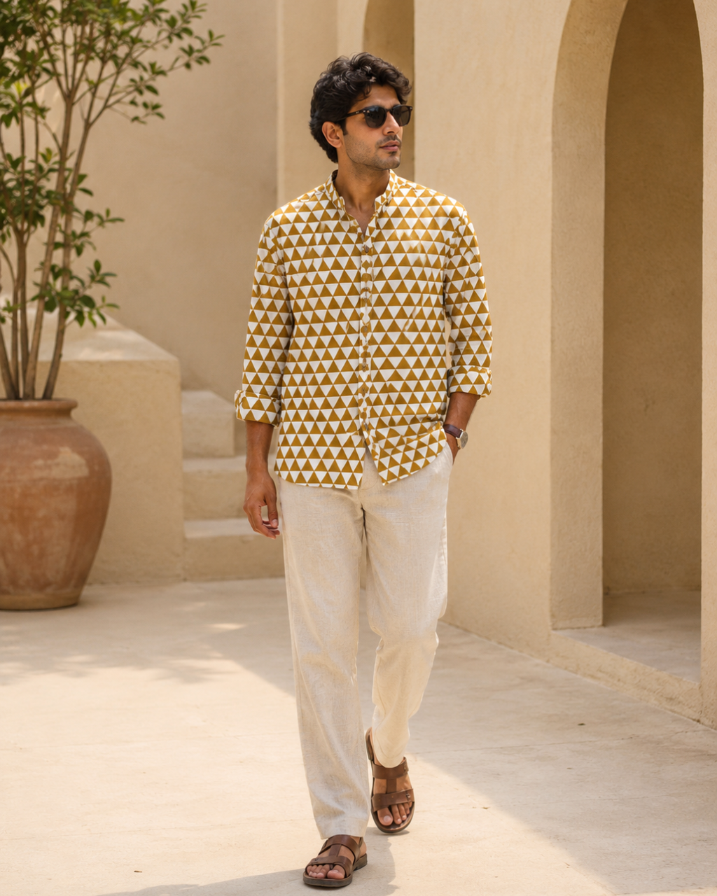 Yellow Geometric Print Full Sleeves Cotton Shirt