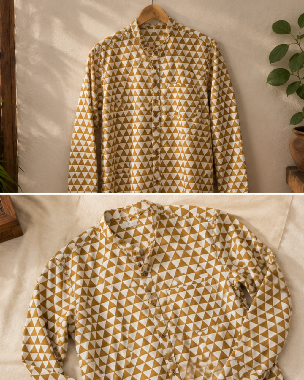 Yellow Geometric Print Full Sleeves Cotton Shirt