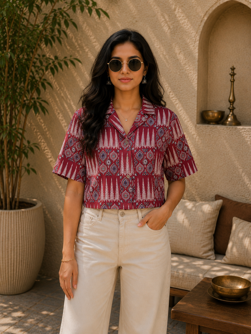 Red Motif Printed Crop Shirt
