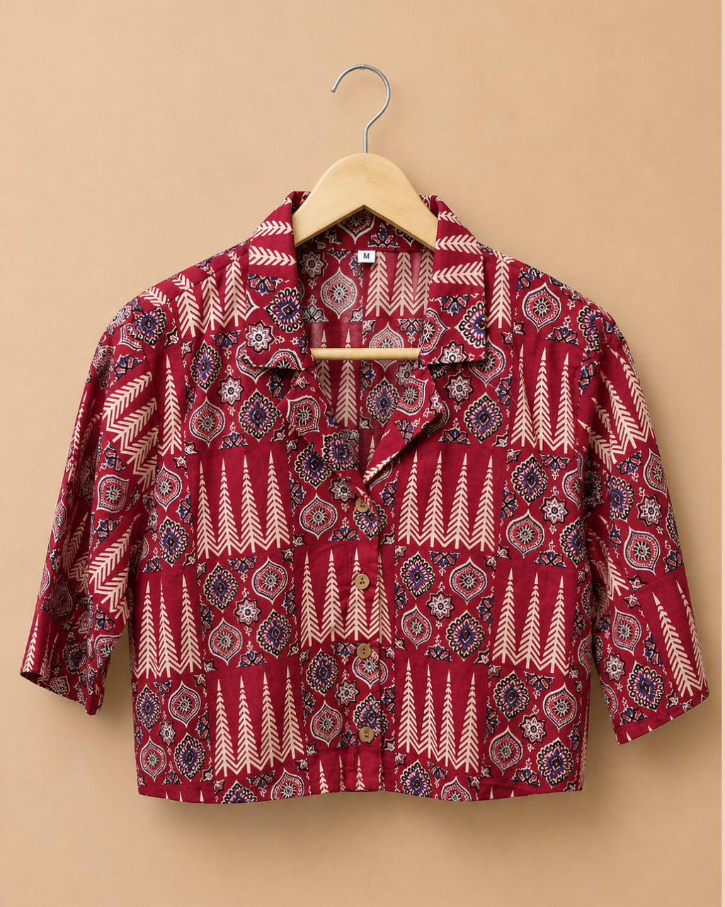Red Motif Printed Crop Shirt