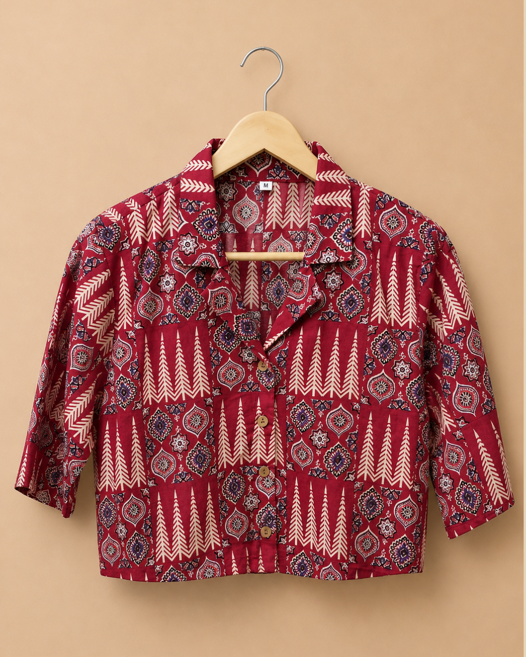 Red Motif Printed Crop Shirt