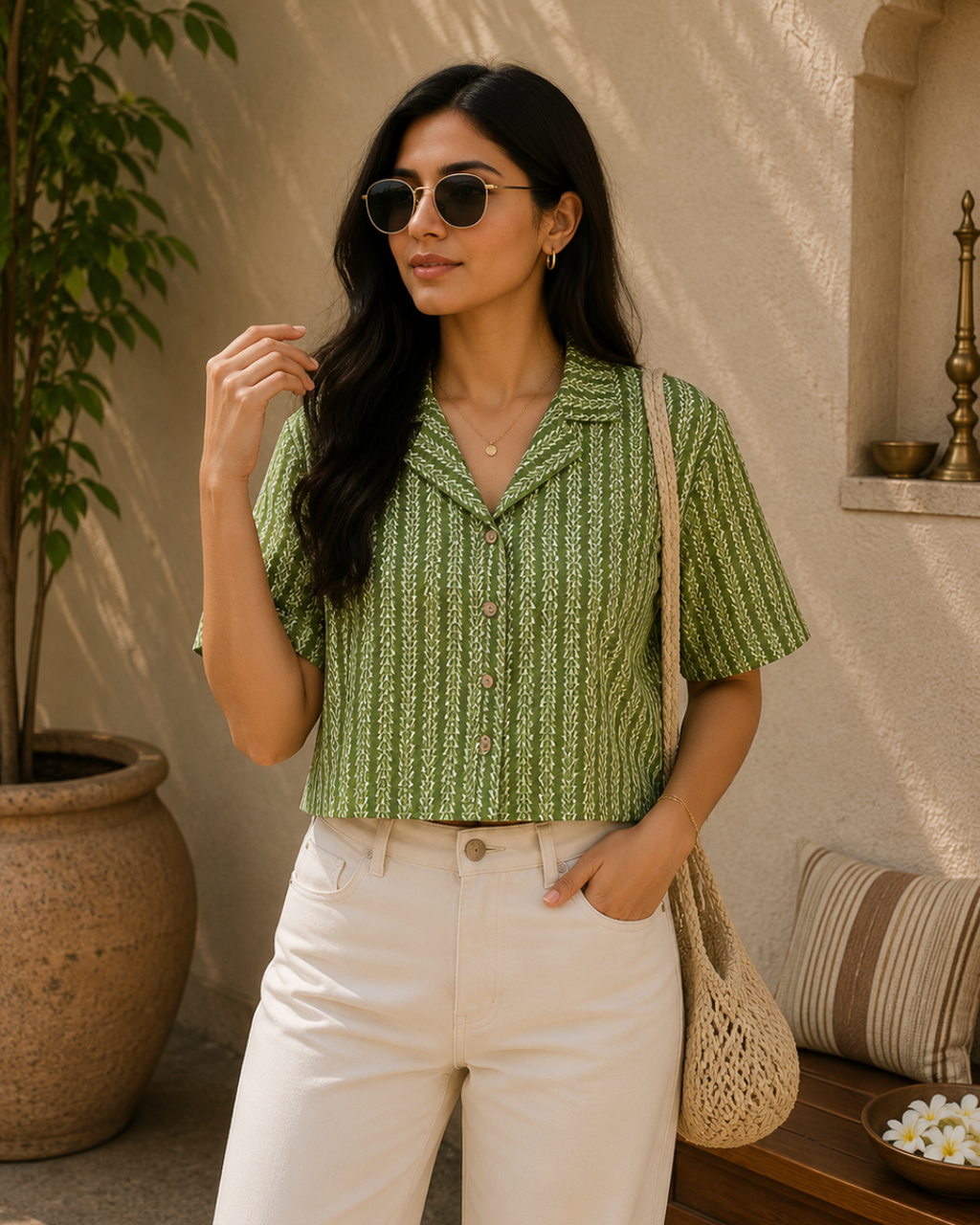 Green Printed Women's Crop Shirt
