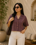 Brown-Red Women's Printed Crop Shirt