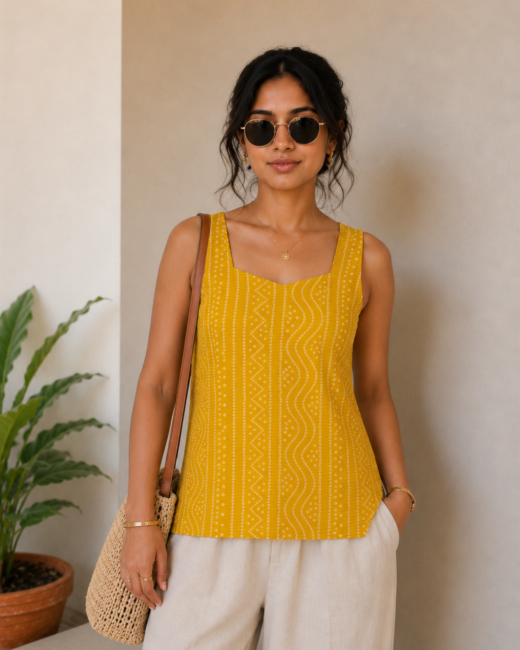 Yellow Bandhej Cut Sleeve Cotton Top