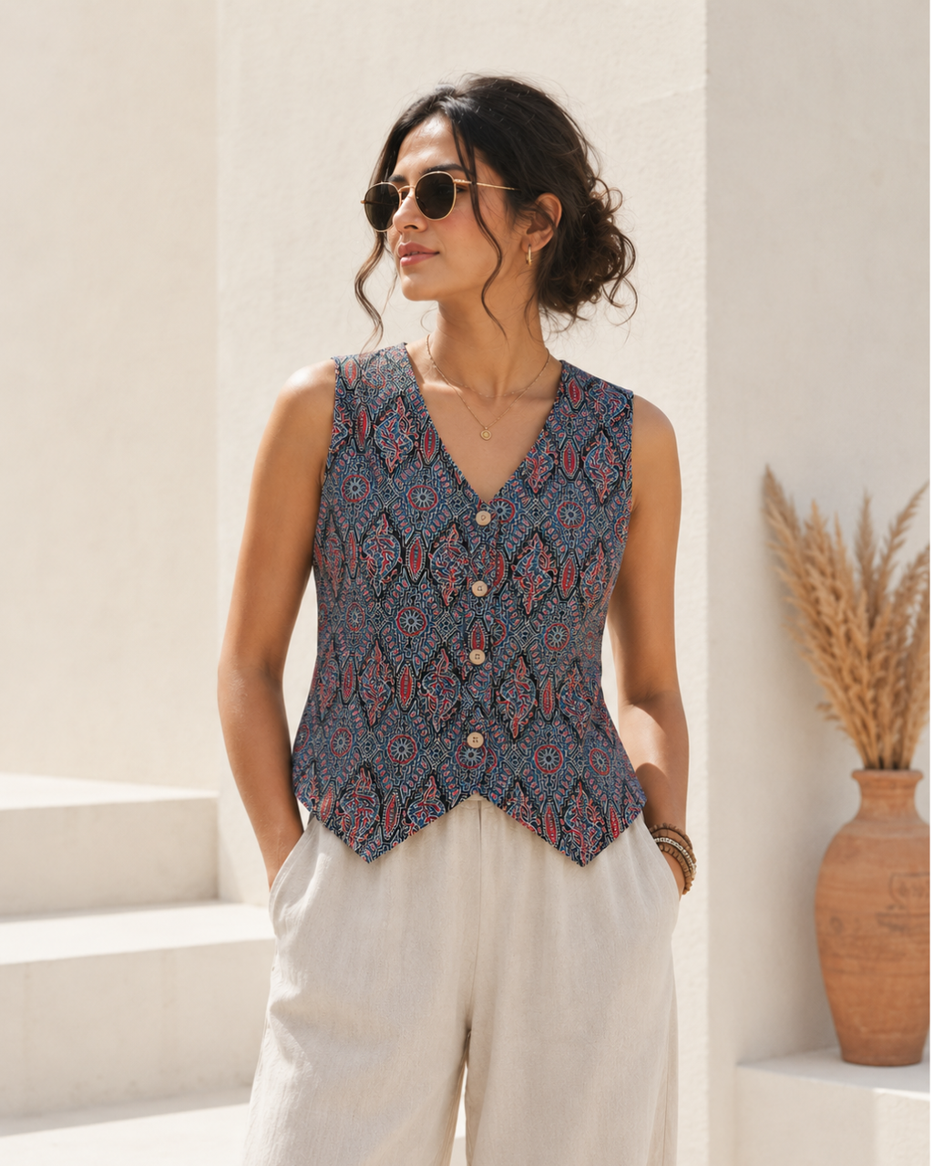 Ajrak Print Women's Cotton Waistcoast