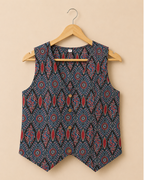 Ajrak Print Women's Cotton Waistcoast