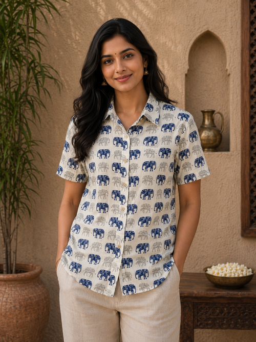 Blue & Grey Elephant Print Cotton Shirt