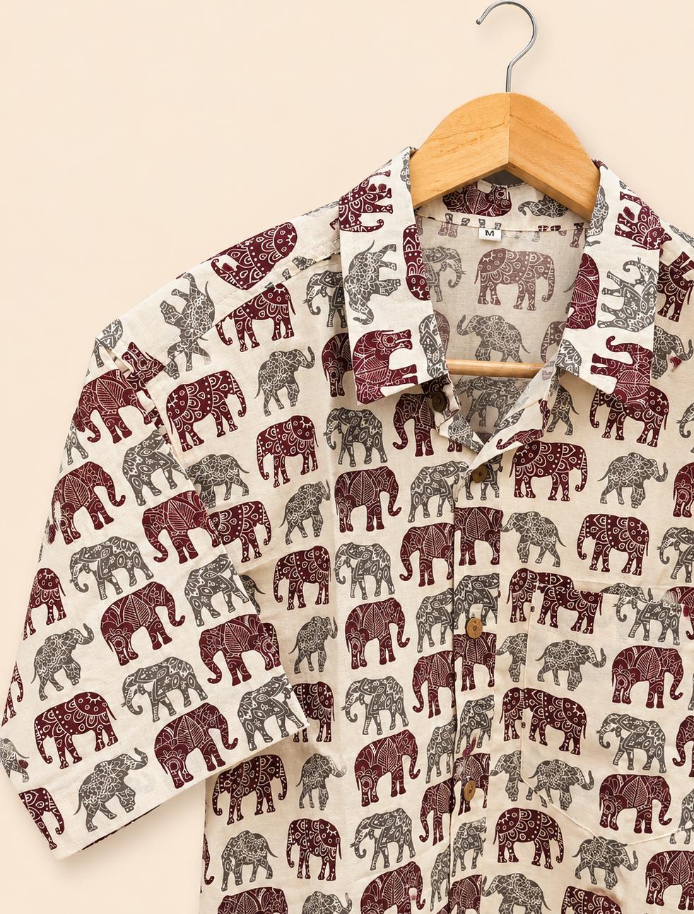 Maroon & Grey Elephant Print Cotton Shirt