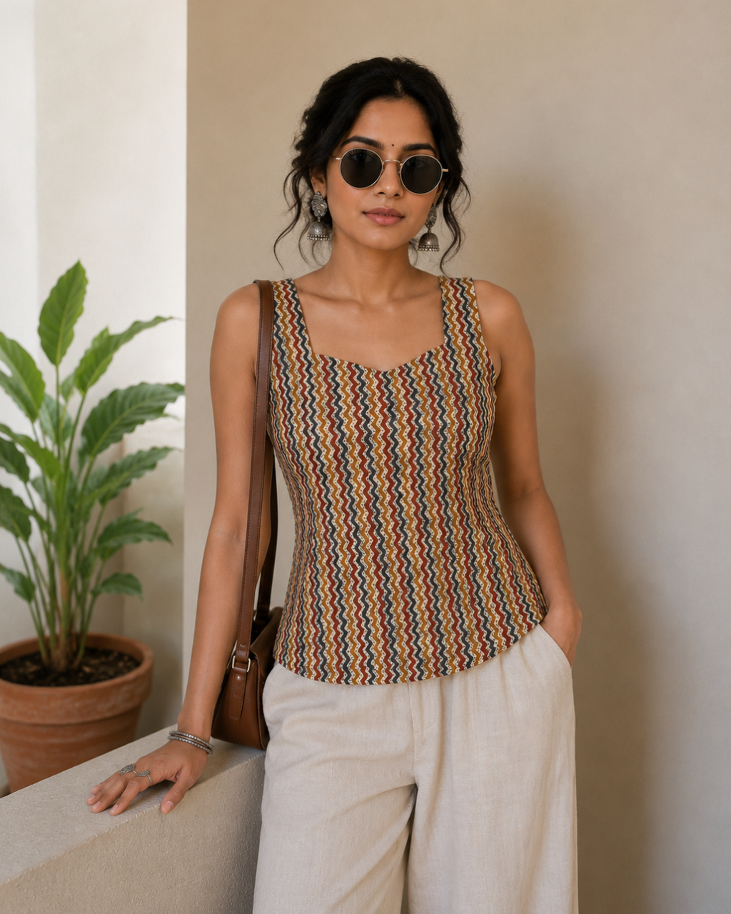 Red Chevron Print Cut Sleeve Cotton Top
