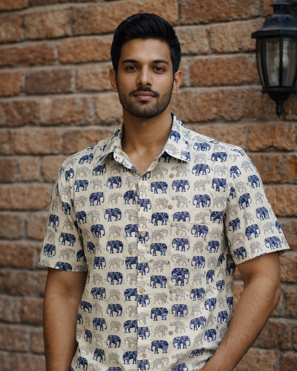 Blue & Grey Elephant Print Cotton Shirt